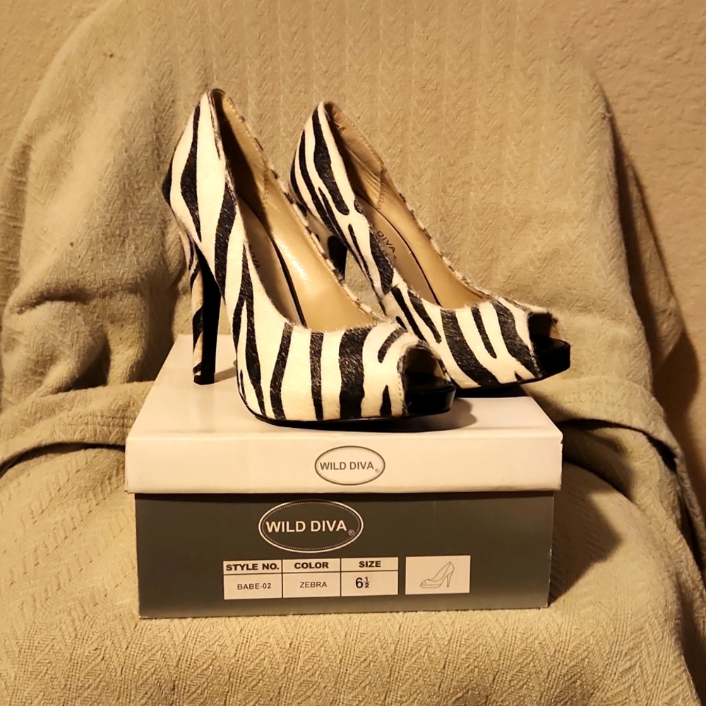 BRAND NEW Zebra Pony Hair Open Toe Pumps